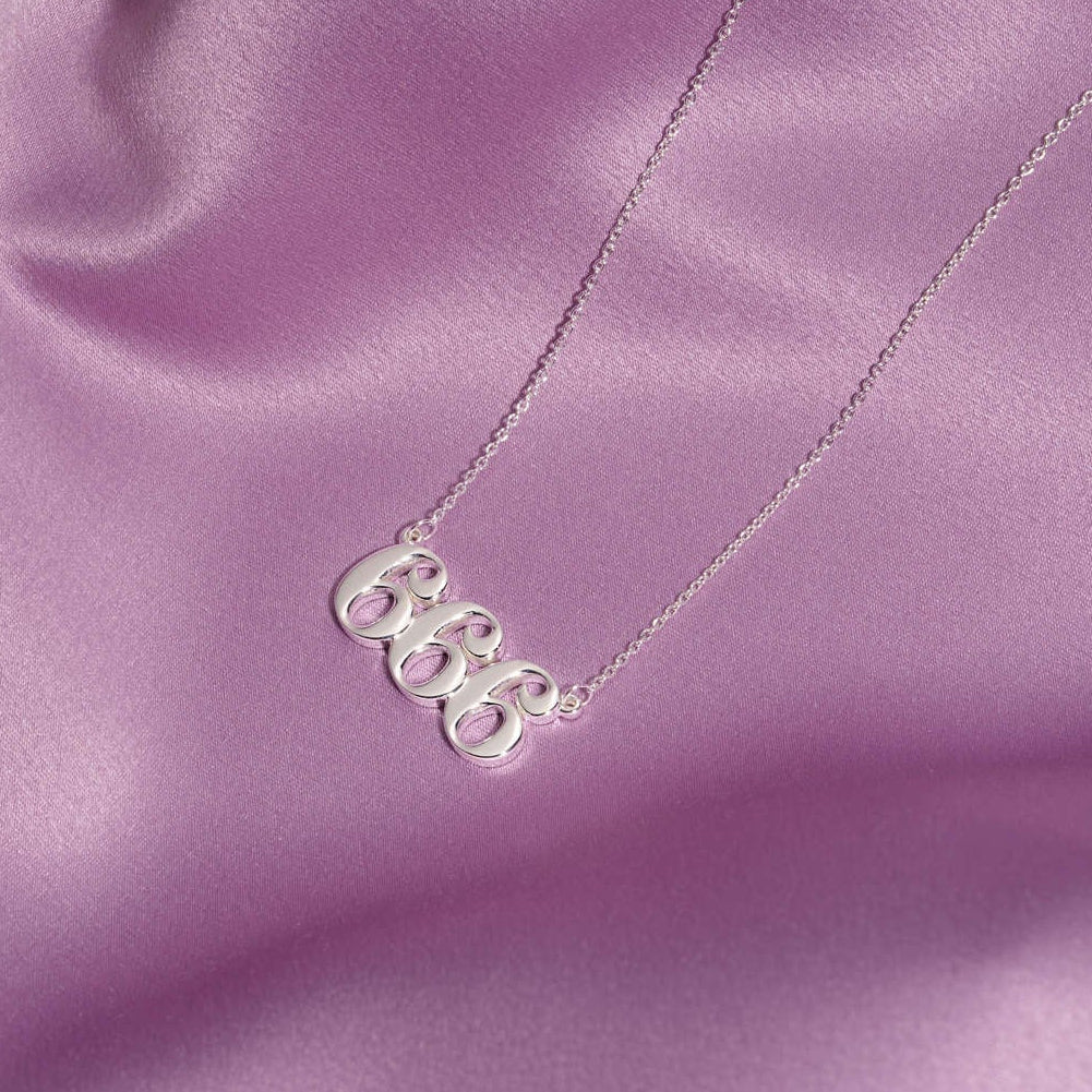 angel number 666 silver necklace pendant on silk