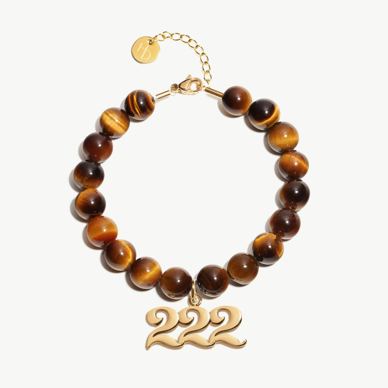 222 Tigers Eye beaded bracelet with adjustable clasp closure. 222 Gold Charm
