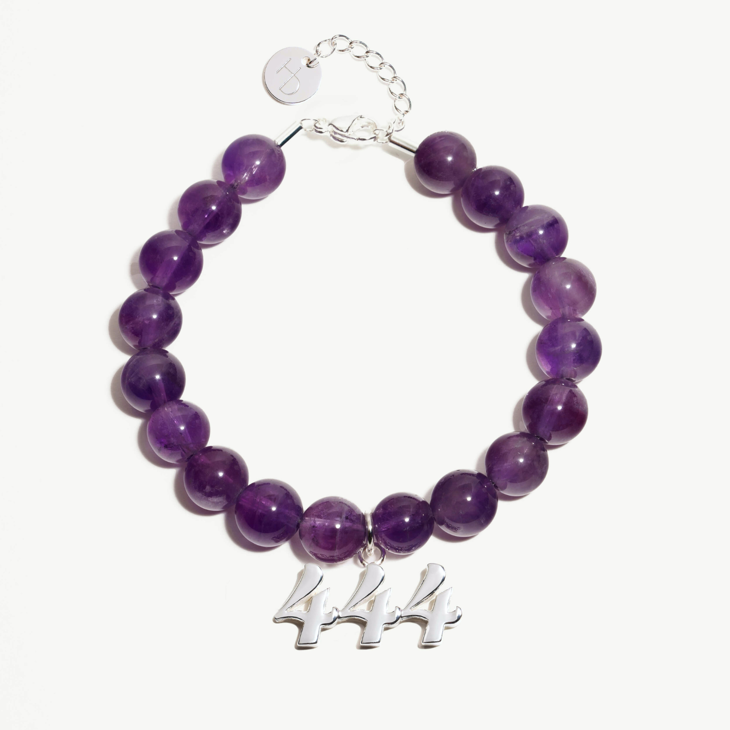 444 Amethyst beaded bracelet with adjustable clasp closure. 444 Silver Charm
